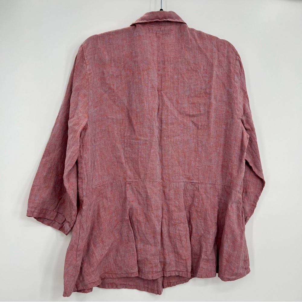 Flax 100% Linen Button Down Peplum Shirt Blouse Top Heathered Pink M Pleated - Picture 7 of 10